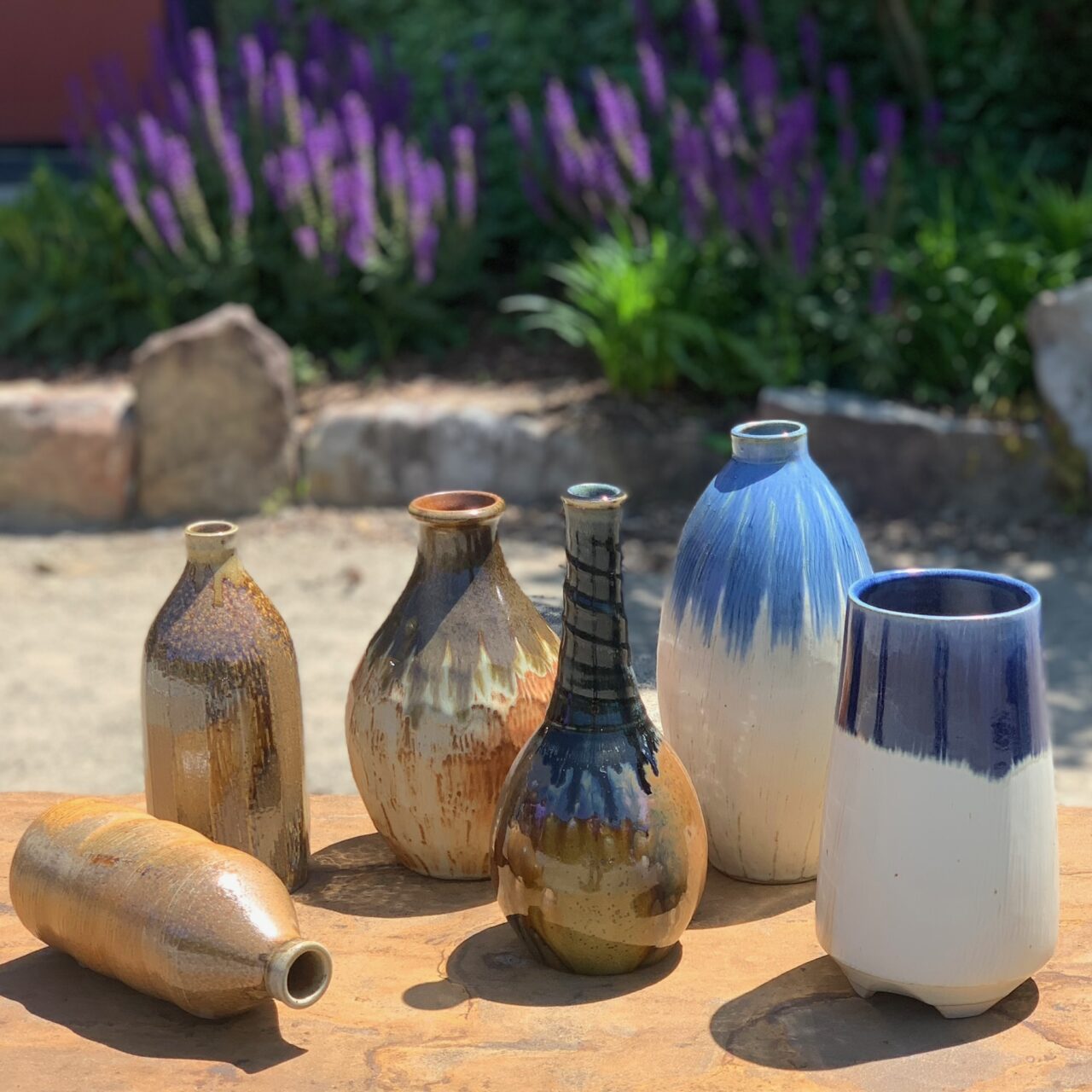 Julia Mann finished pots grouping of vases, multiple glazes