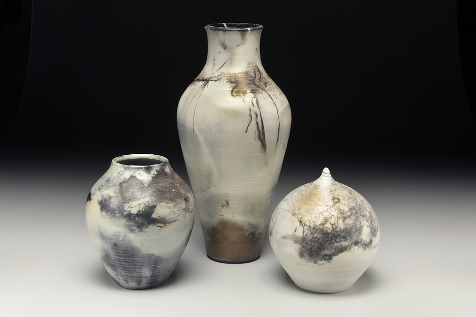Judi Harwood finished pots, sagger fired trio