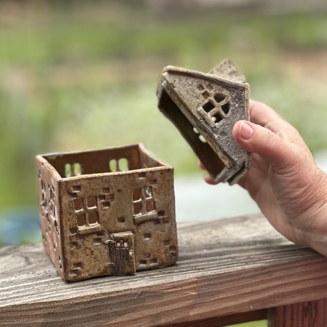 Karen Dubois finished pot, medium size hand built house, roof off, wood soda kazie fired