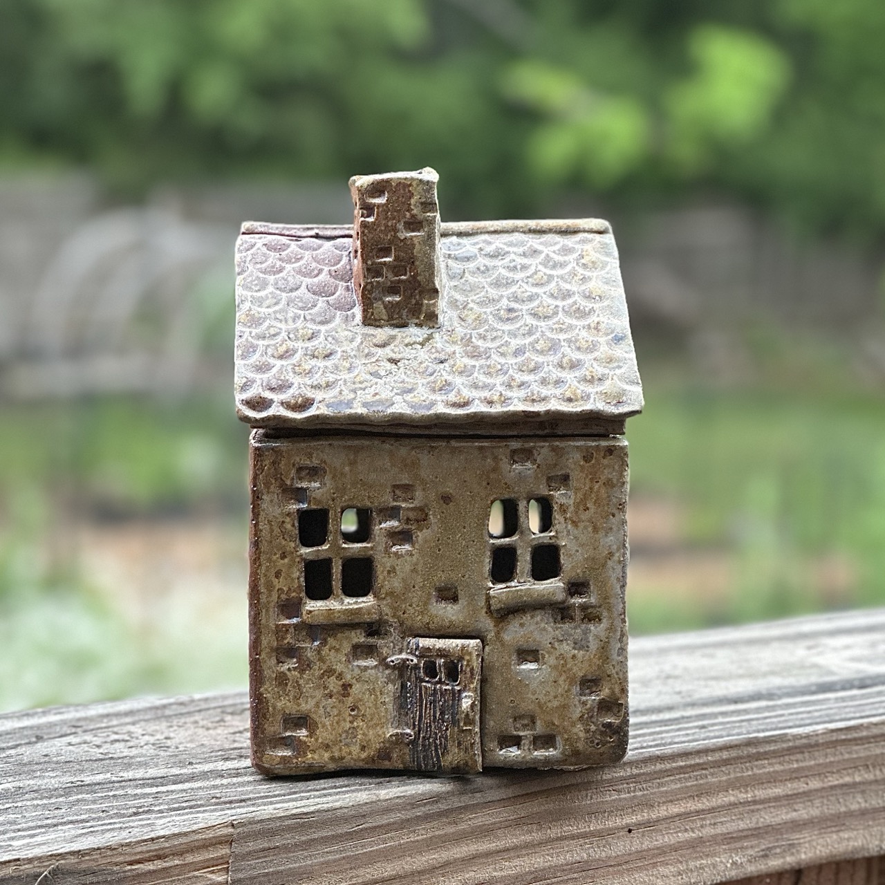 Karen Dubois finished pot, medium size hand built house, wood soda kazie fired