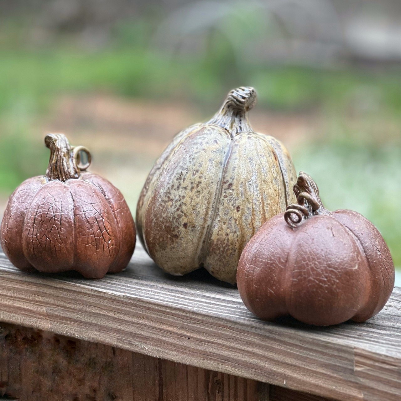 Karen Dubois finished pots, kazie wood soda fired pumpkins, trio grouping
