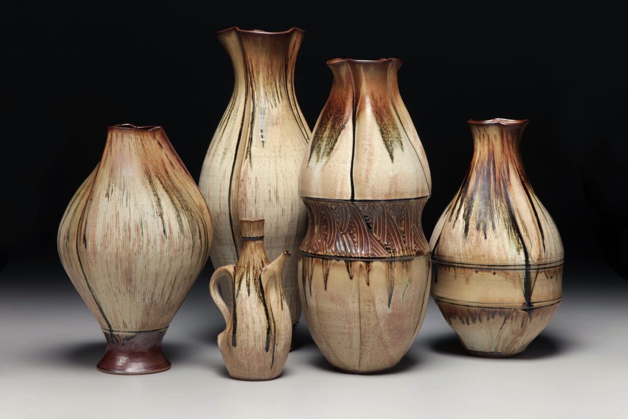 Sarah Wells Rolland large pot grouping, altered vessels, honey matte and leach black glaze