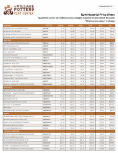 The Village Potters Clay Center Raw Materials Pricing Sheet 2026 Image The Village Potters Clay Center Raw Materials Pricing Sheet 2026 Image